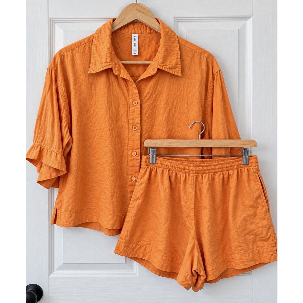 Athleta Women’s M Orange 2 Piece Lounge Set Comfy Shirt & Shorts Organic Cotton